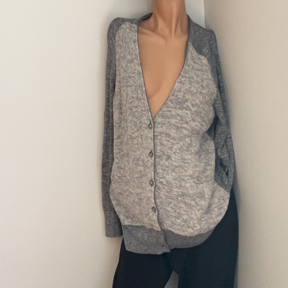 LOFT Gray Shimmer Metallic Linen Blend Button Cardigan Sweater